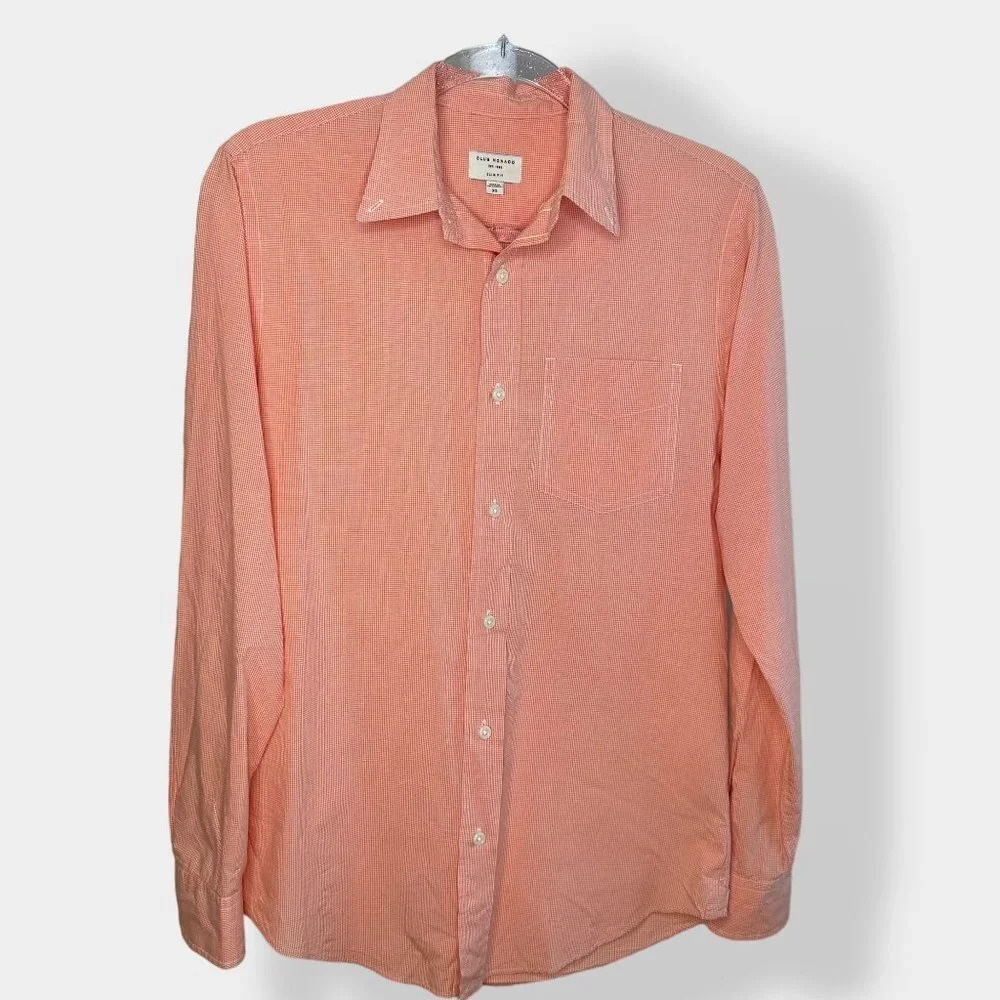 Club Monaco Men's Orange White Gingham‎ Slim Fit Button Down Shirt